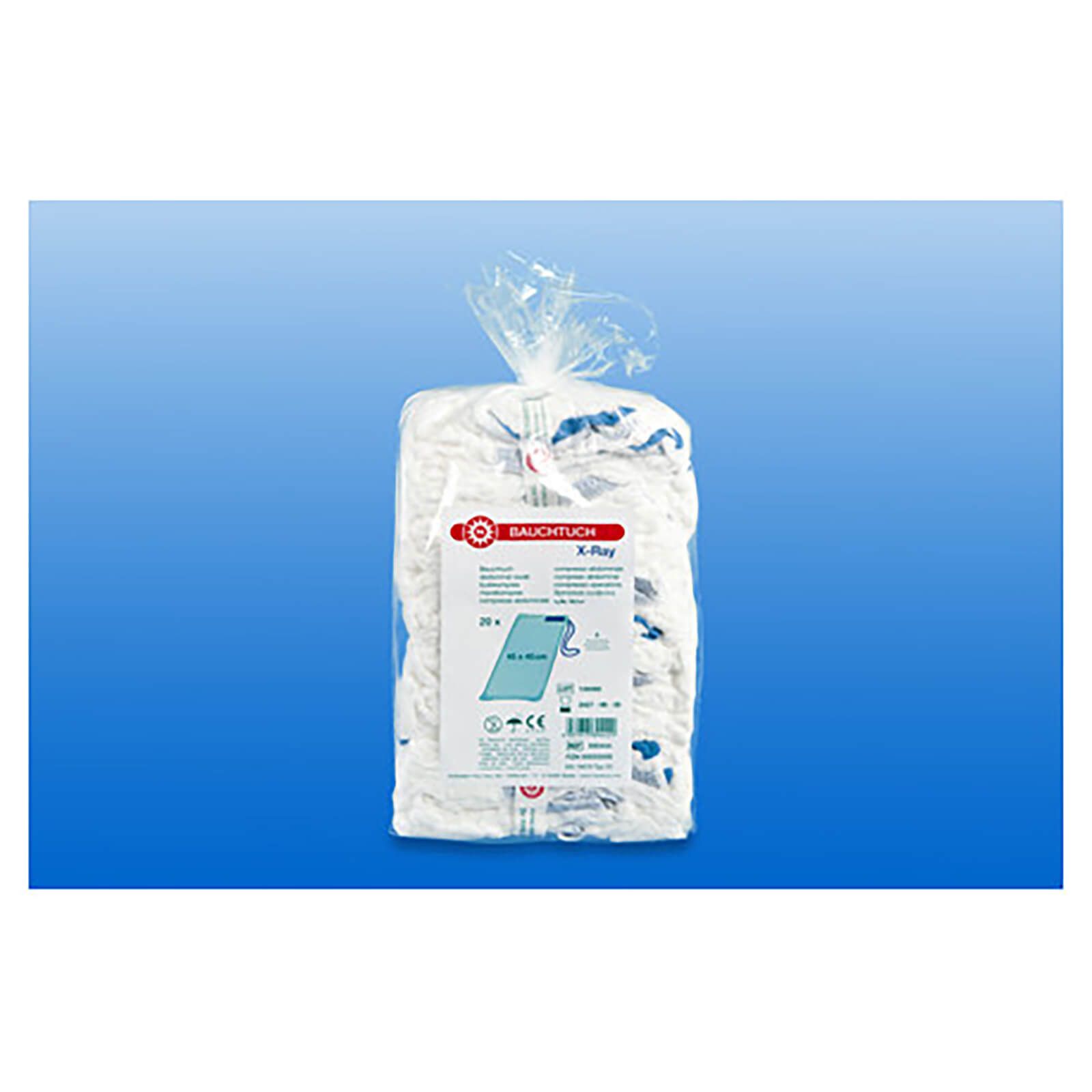 Verpackung mit weißen, vorgewaschenen Bauchtüchern. Produktetikett mit Informationen. Auf blauem Hintergrund.