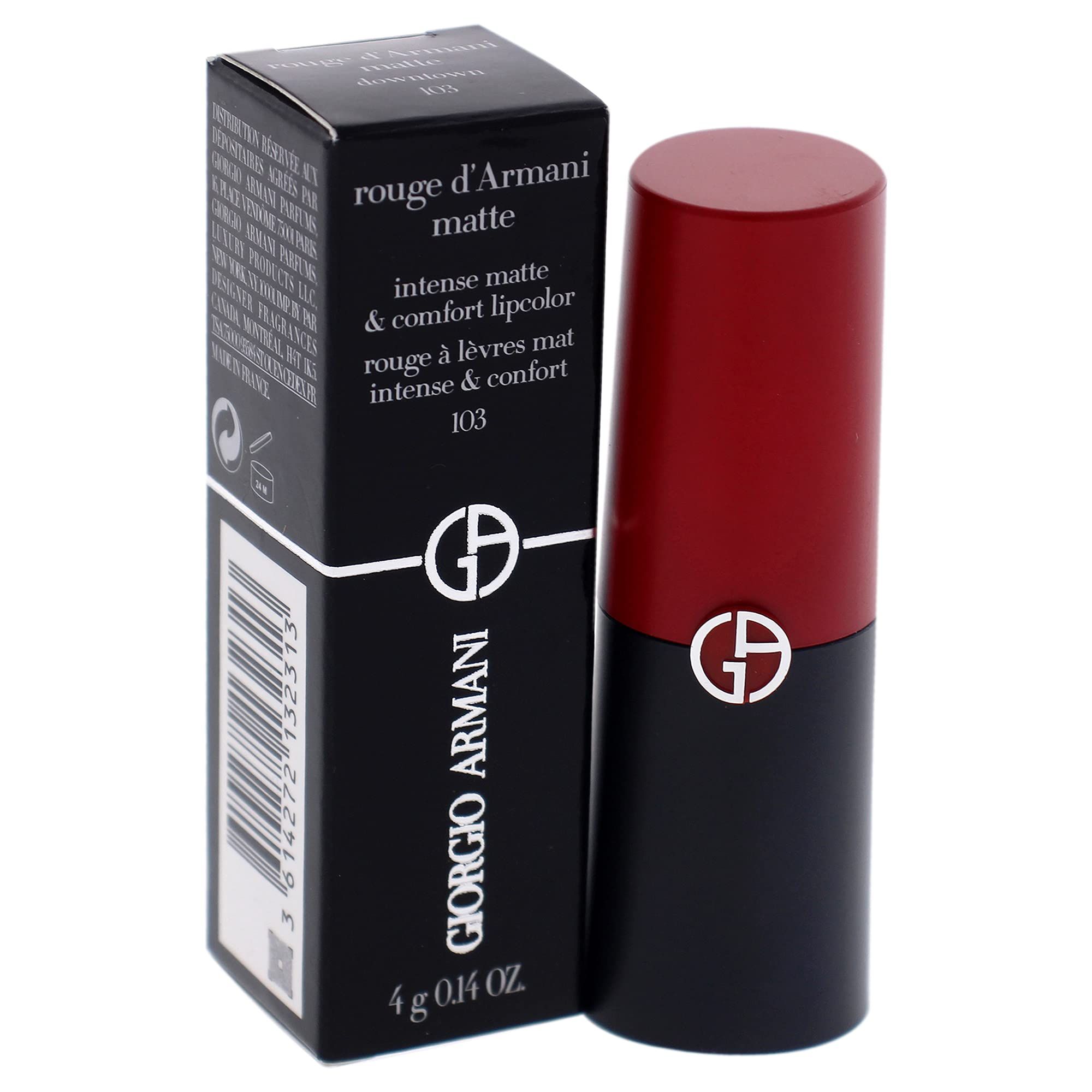 Lippenstift und Verpackung. Schwarze Verpackung, roter Lippenstift. Aufschrift: Giorgio Armani, Rouge d'Armani matte downtown 103.