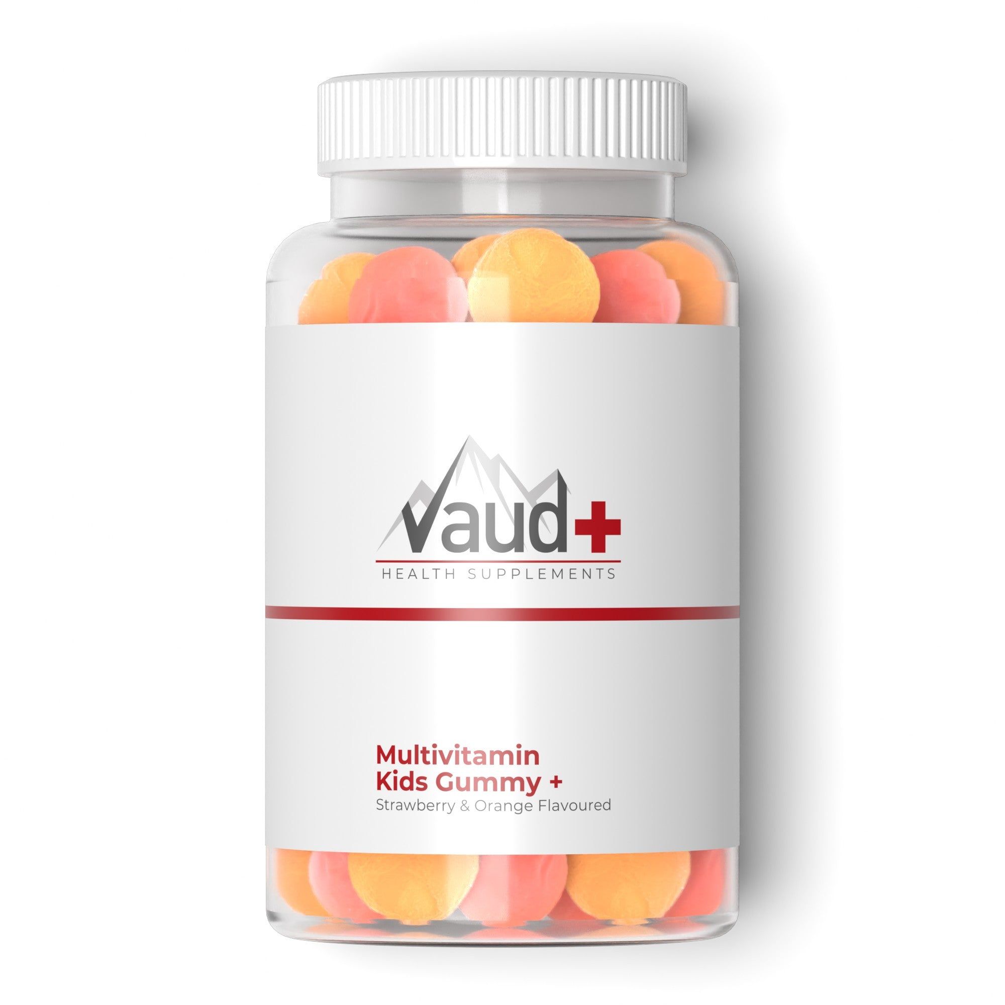 Glas mit Multivitamin-Gummibärchen. Etikett mit Logo, Produktname und Text. Deckel weiß.