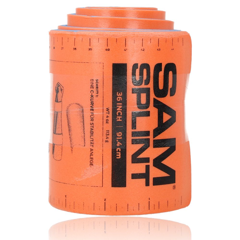 Gerollte orangefarbene SAM Splint-Schiene. Schwarze Schrift: SAM SPLINT, 36 INCH 91.4 cm. Gewicht 4 oz. Skala. Illustrationen.
