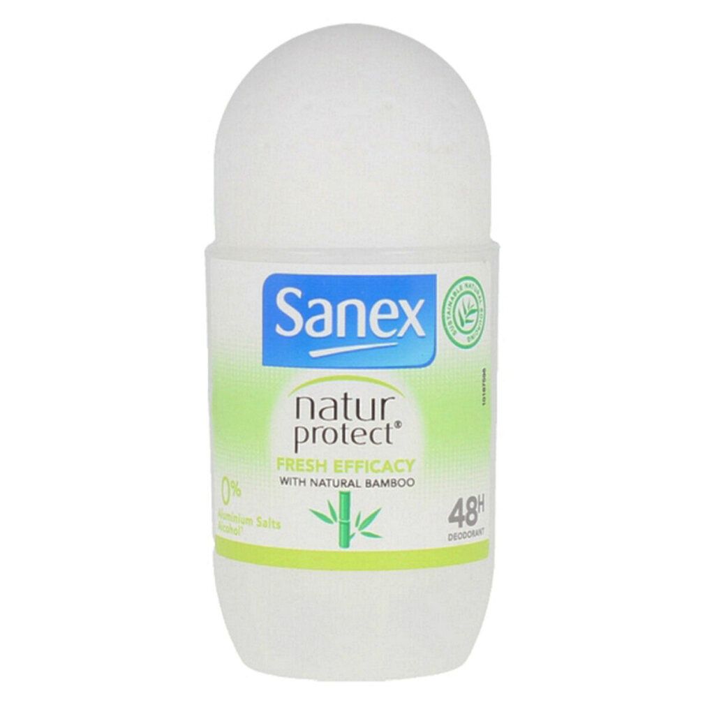 Weißer Roll-On-Deo mit Sanex-Logo und Natur Protect-Schriftzug. Enthält Bambus-Extrakt. 48h Schutz.