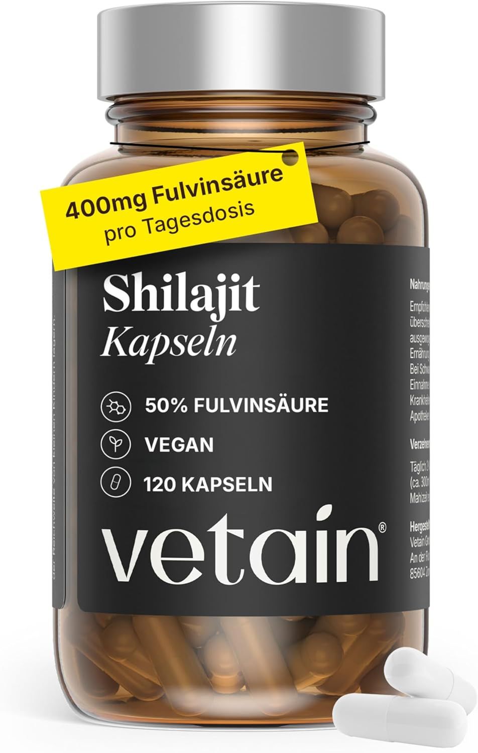 VETAIN Shilajit Kapseln: Braunglasflasche mit 120 Kapseln, Etikett mit 50% Fulvinsäure und Vegan-Siegel.