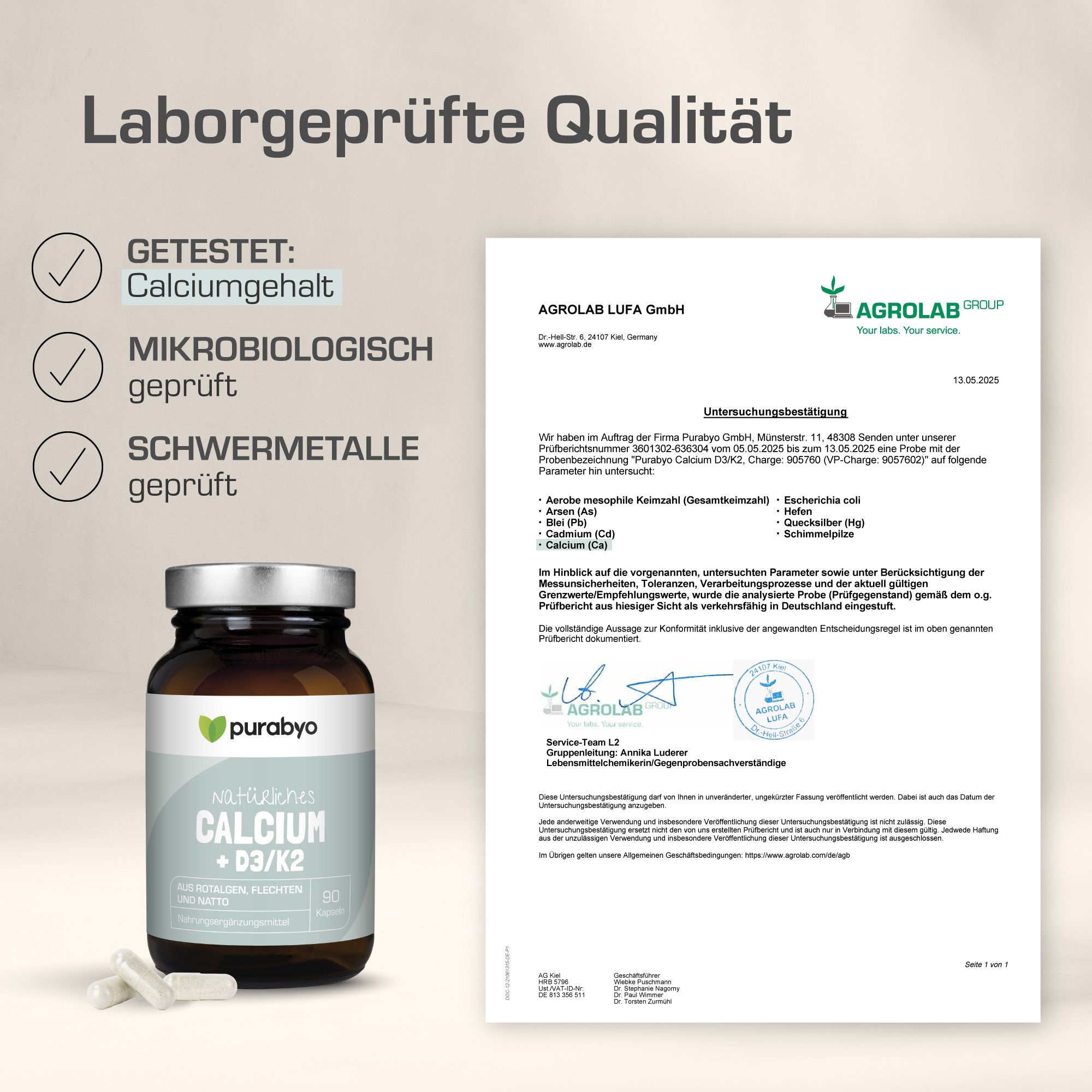 Laborgeprüfte Qualität. Zertifikat von Agrolab LUFA GmbH. Flasche mit "Purabyo Natürliches Calcium + D3/K2" und Kapseln.