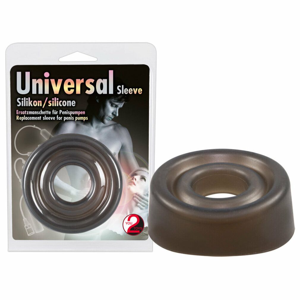 Verpackung mit Manschette. Text: 'Universal Sleeve', 'Silikon/silicone', 'Ersatzmanschette für Penispumpen'.
