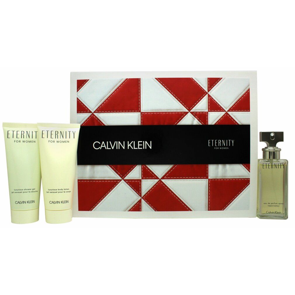 Geschenkset mit Calvin Klein Eternity. Enthält Duschgel, Körperlotion und Eau de Parfum. Verpackung mit rotem und weißem Muster.