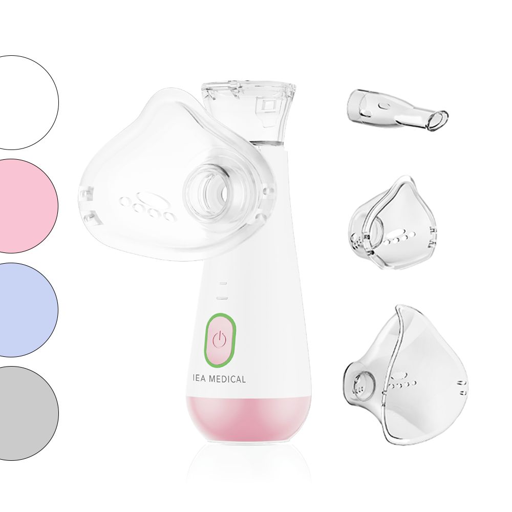 Inhalationsgerät, weiß-rosa, mit Zubehör: Mundstück, Kindermaske, Erwachsenenmaske. IEA MEDICAL-Logo.