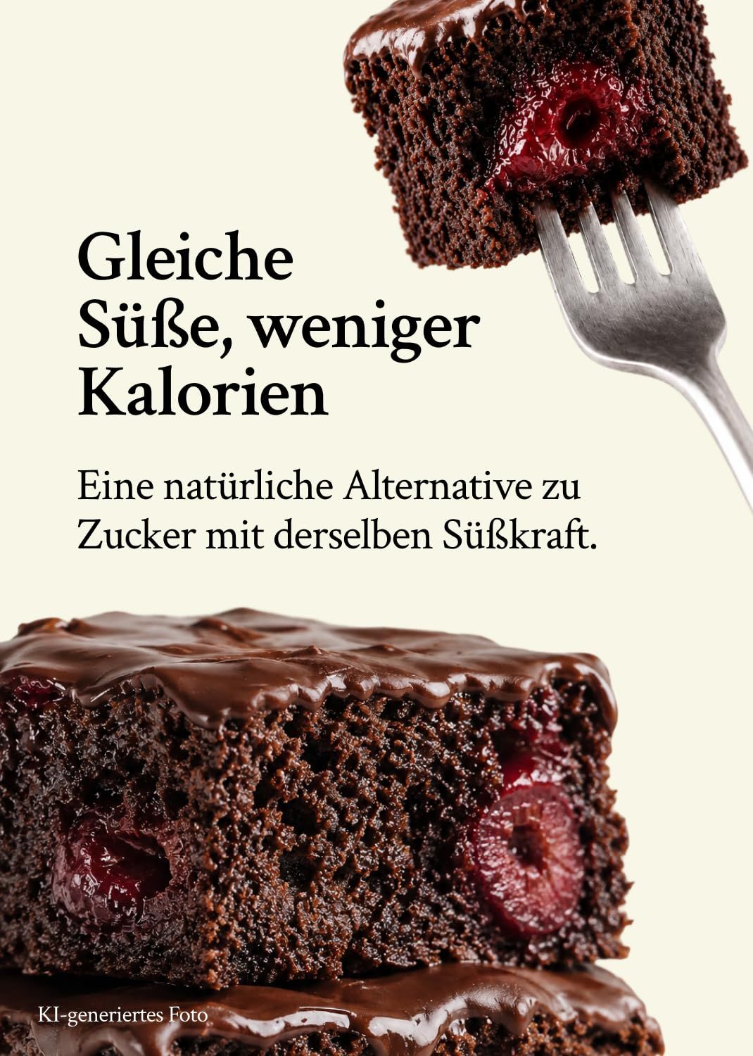 Schokoladenkuchen mit Kirschen und Schokoladenglasur. "Gleiche Süße, weniger Kalorien."