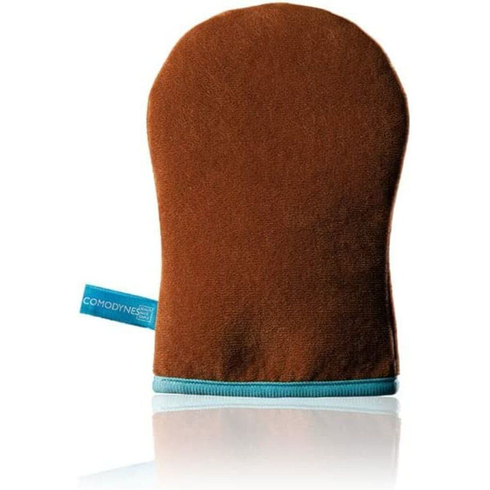 Bräunungshandschuh. Braunes Material, hellblauer Saum und Logo-Etikett. Marke: Comodynes.