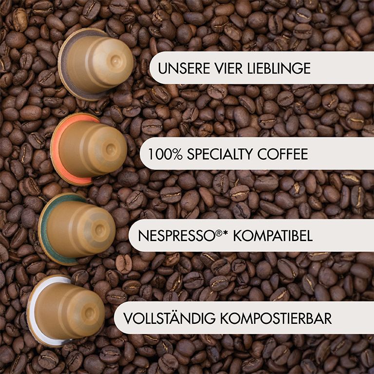 Kaffeekapseln auf Kaffeebohnen. Text: Unsere vier Lieblinge, 100% Specialty Coffee, Nespresso kompatibel, vollständig kompostierbar.