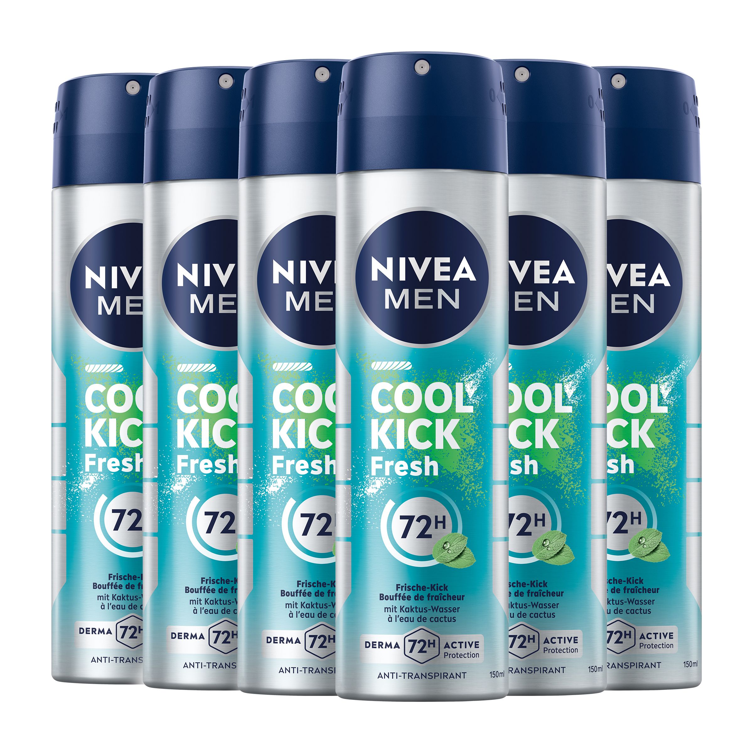 Mehrere NIVEA MEN Cool Kick Deo-Sprays. Blaue Kappe, silberne Dose mit Schriftzug und Logo. "Cool Kick Fresh" und "72H" sichtbar.