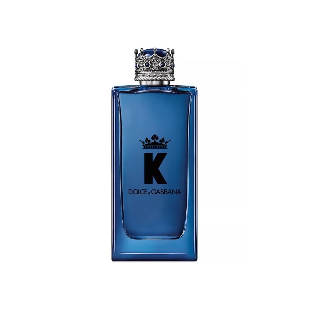 Blaues Parfümflakon mit Krone. Aufschrift "K" und "Dolce & Gabbana".