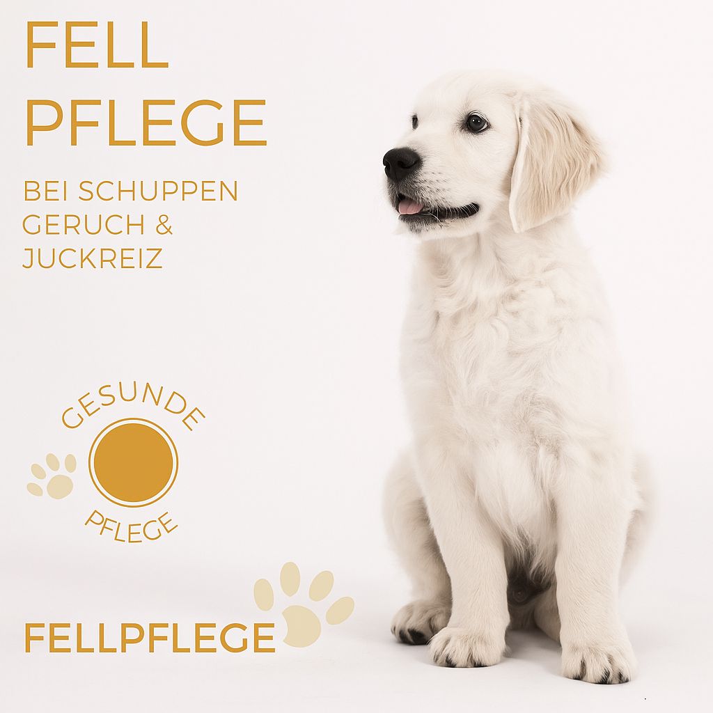 Weißer Welpe sitzt auf weißem Hintergrund. Text: Fellpflege, bei Schuppen, Geruch & Juckreiz, gesunde Pflege.