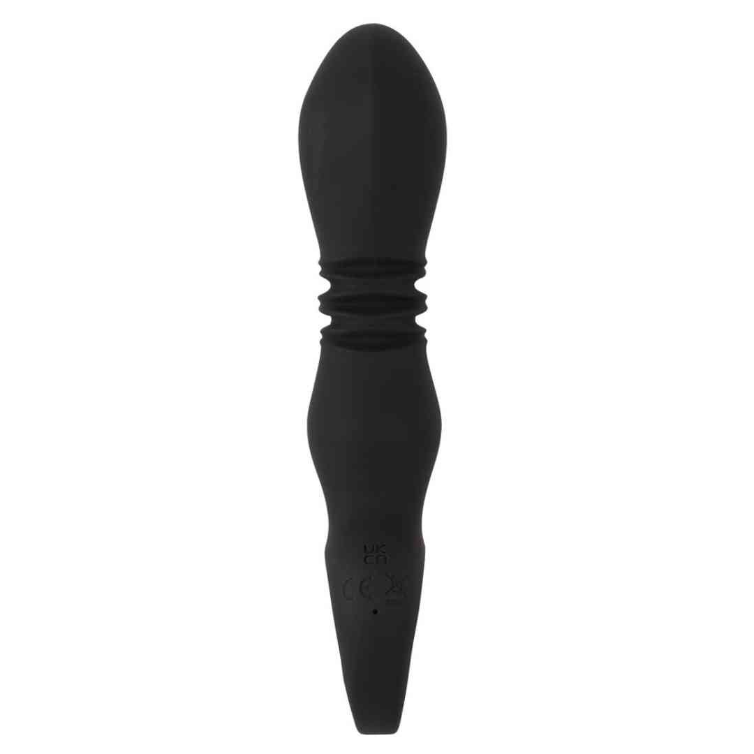 Schwarzer Vibrator. Glatte Oberfläche, geriffelte Mitte, ovale Form, abgerundete Spitze.