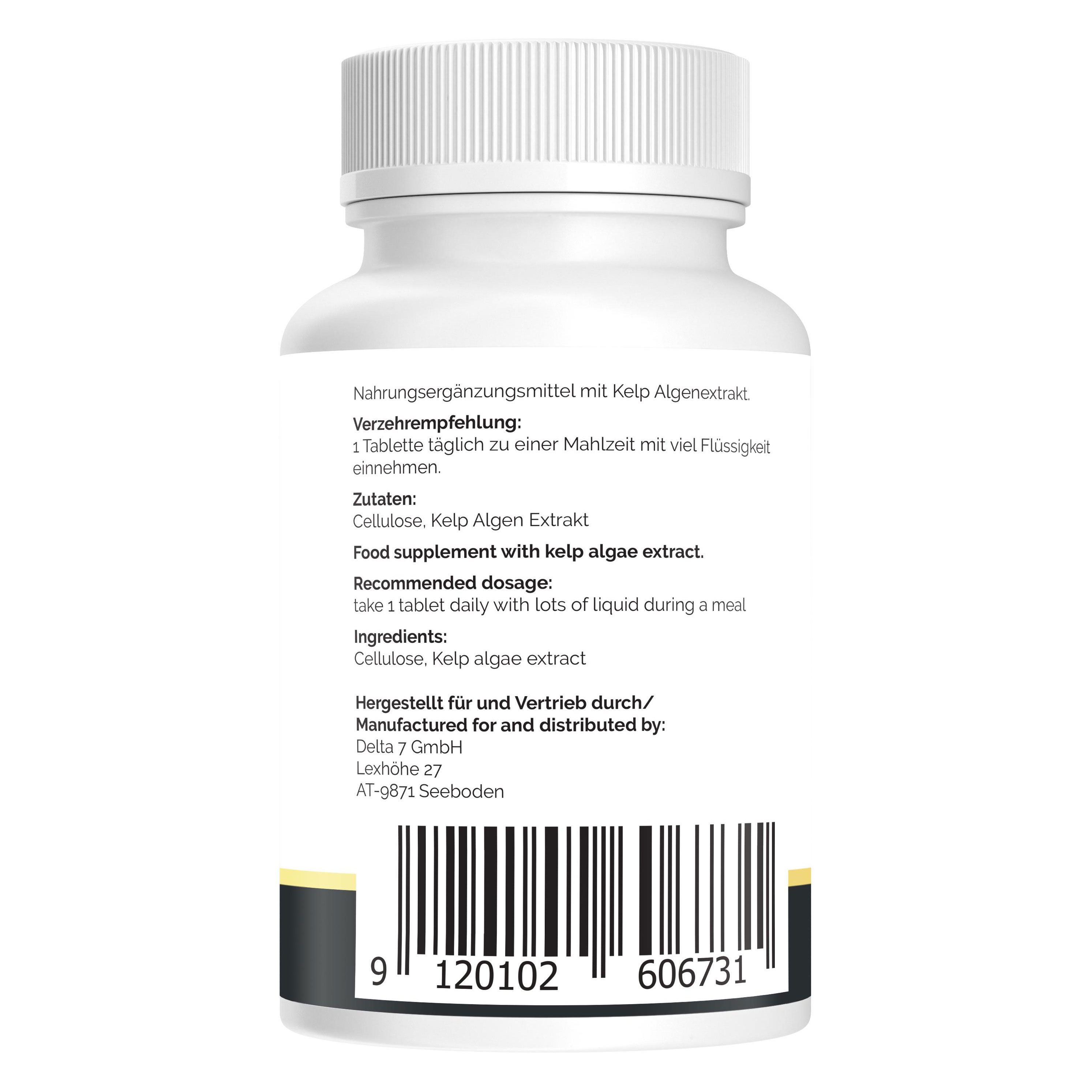 Rückseite einer weißen Flasche. Text: Verzehrempfehlung, Zutaten, Recommended dosage, Ingredients. Barcode und Herstellerinformationen.
