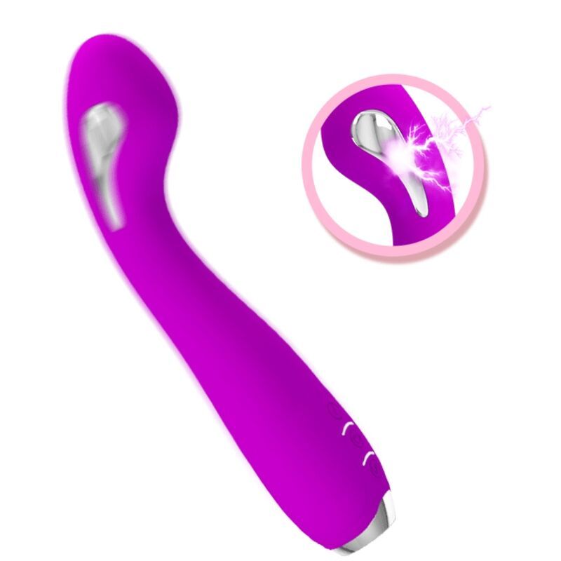 Lila Vibrator mit geschwungener Form. Silberfarbene Akzente. Detailansicht mit Blitzsymbol. Drei Knöpfe.