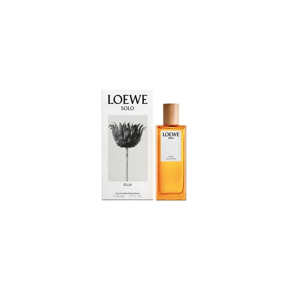 Flakon und Verpackung. Flakon rechteckig, Holzverschluss. Verpackung weiß mit Blume. Aufschrift: LOEWE SOLO ELLA.