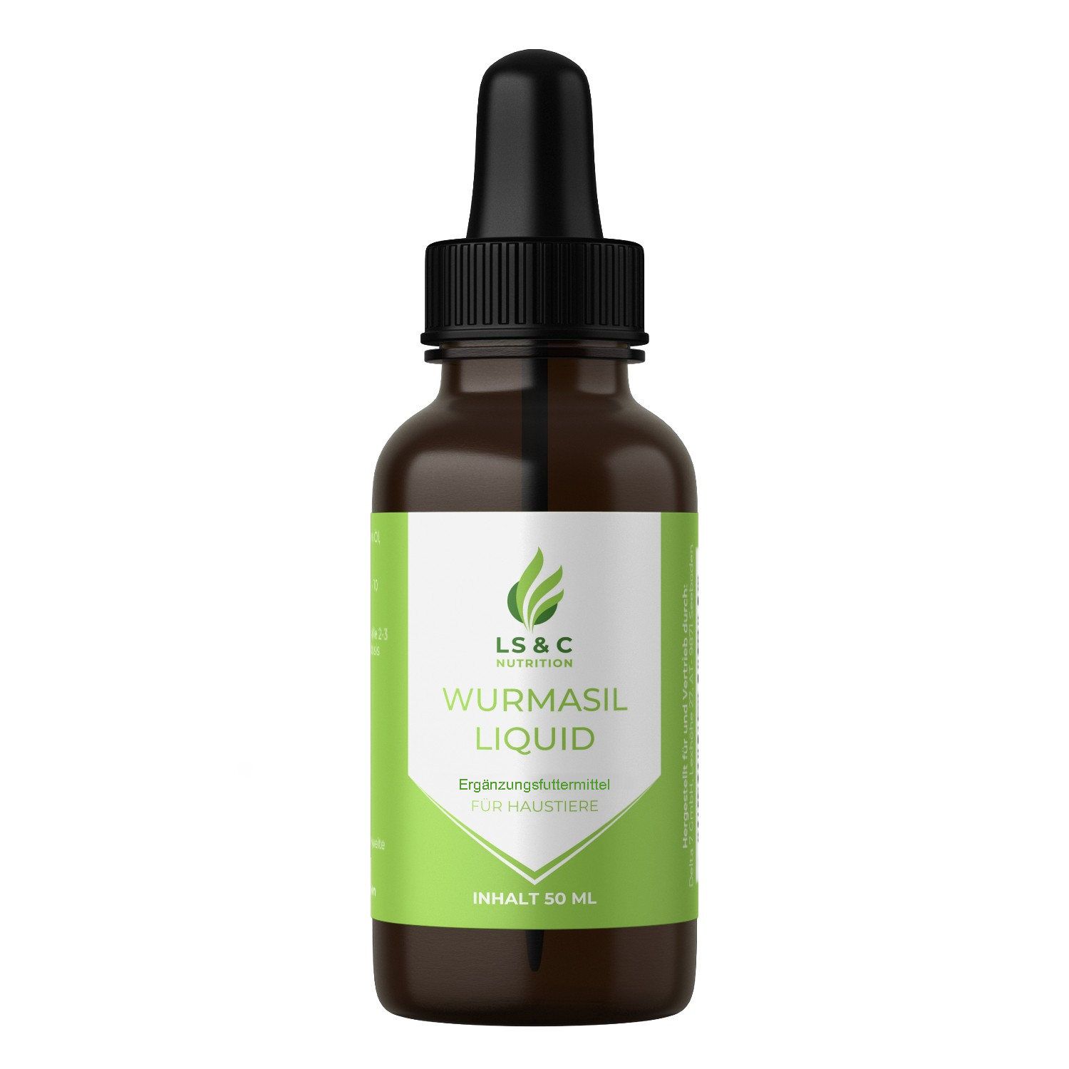 Braune Flasche mit Tropfer, Wurmasil Liquid. Grünes Etikett mit Logo und Produktinformationen. Inhalt 50 ml.