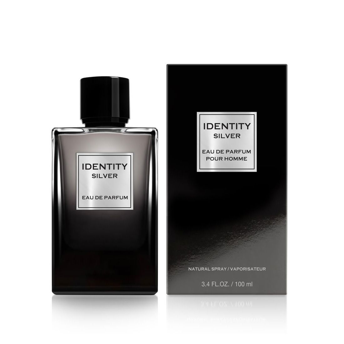 Parfümflakon und Schachtel. Aufschrift: Identity Silver Eau de Parfum. Schwarze Verpackung.