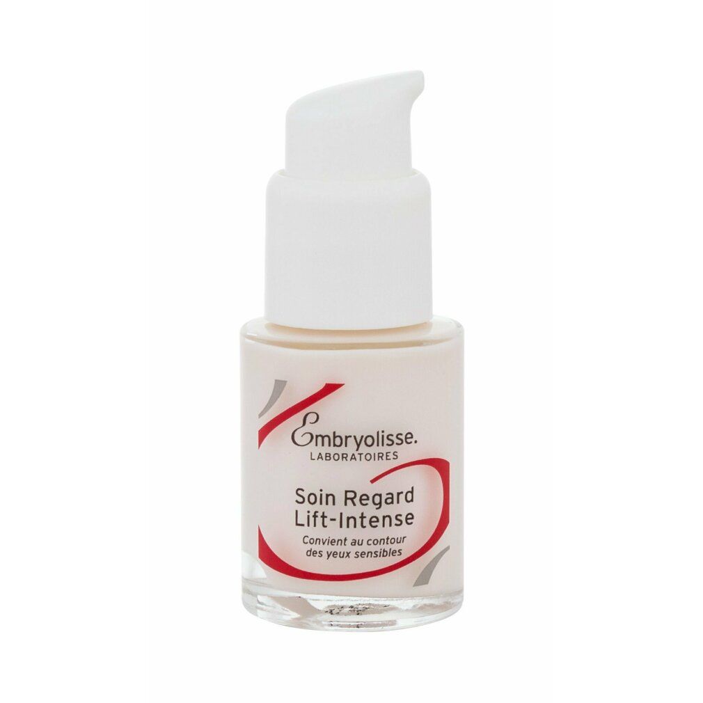 Weißer Tiegel mit weißem Pumpkopf. Roter Schriftzug: Embryolisse, Soin Regard Lift-Intense. Für empfindliche Augenpartie.