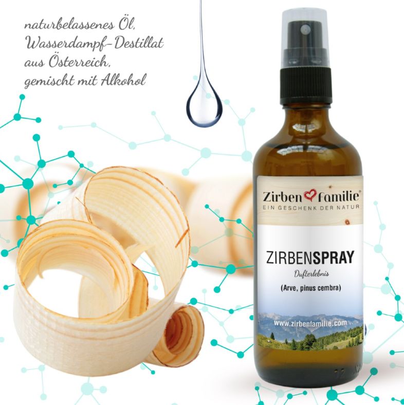 Braune Sprühflasche mit Zirbenspänen, Zapfen und Zweigen.