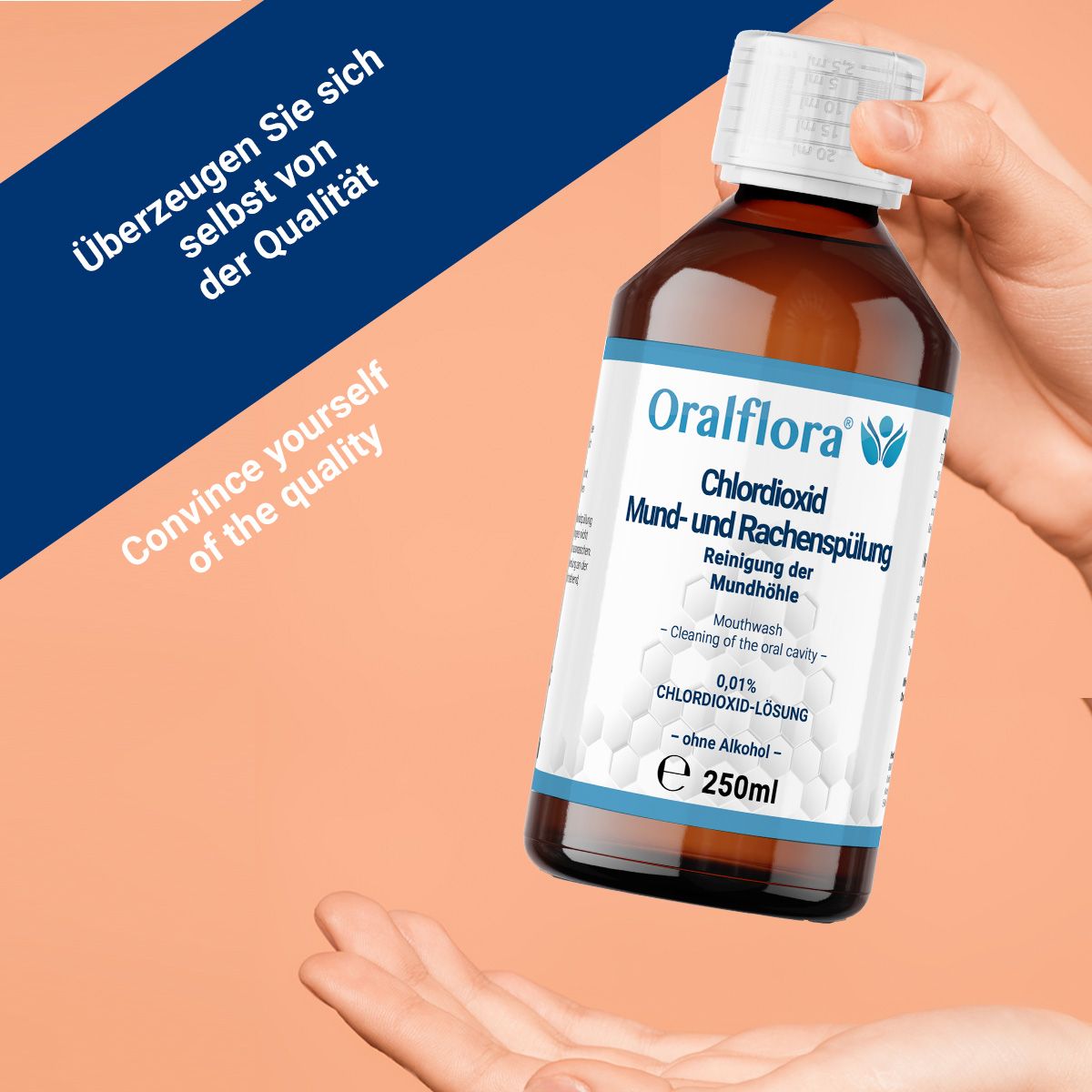 Braune Flasche mit weißem Etikett. Aufschrift: Oralflora Chlordioxid Mund- und Rachenspülung. 250ml. In Hand gehalten.