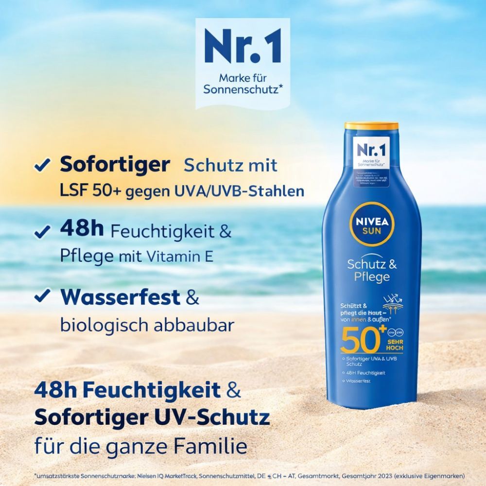 NIVEA SUN Sonnenmilch LSF 50+ am Strand. Text: Sofortiger Schutz, 48h Feuchtigkeit, wasserfest, für die ganze Familie. Nr.1 für Sonnenschutz.