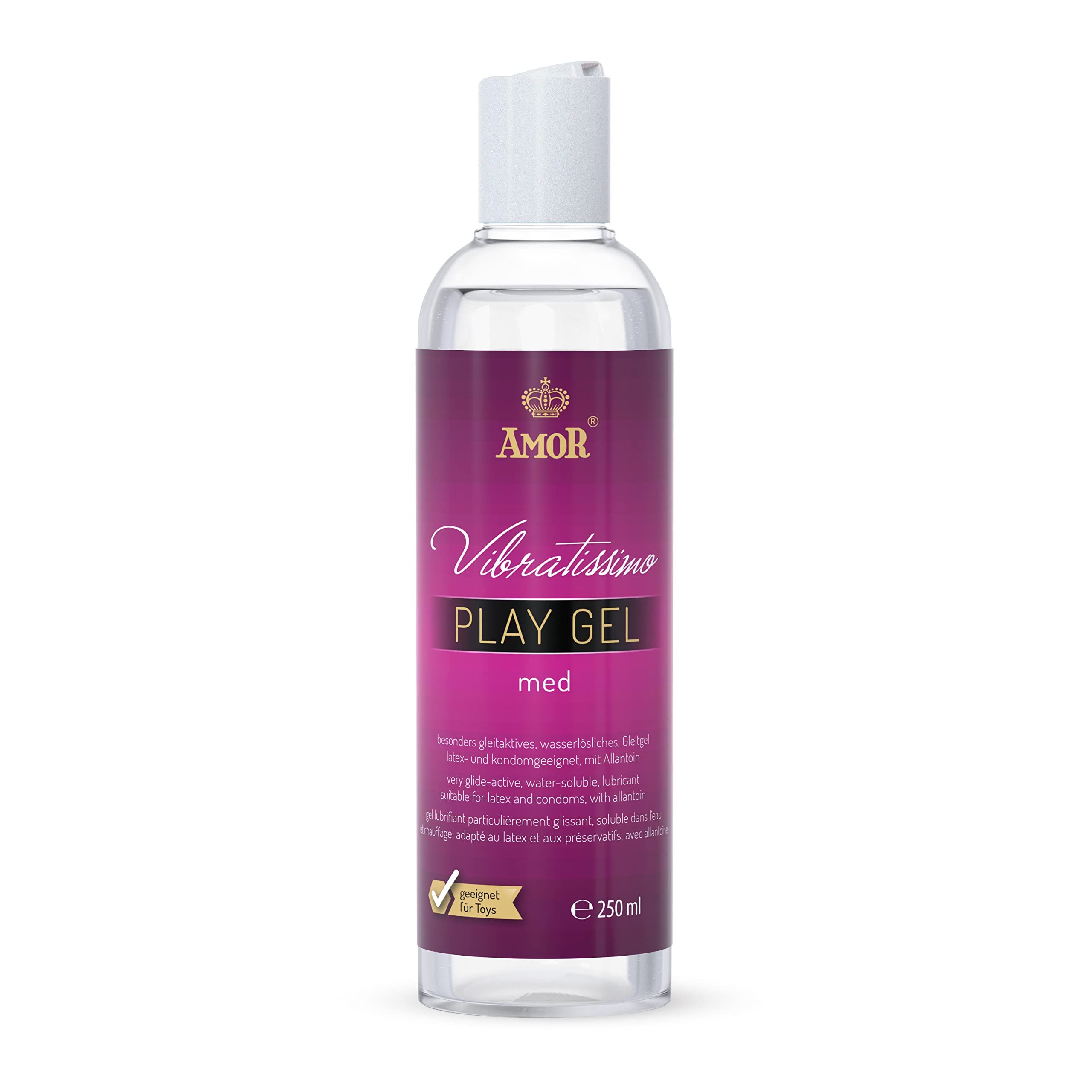 Flasche Vibratissimo Play Gel Warming, 250ml. Klare Flüssigkeit mit lila Etikett.