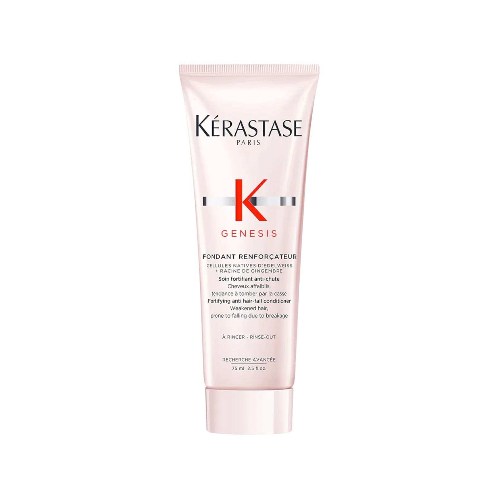Rosa Tube mit weißer Schrift. Kérastase Paris, Genesis, Fondant Renforçateur. Text: Zellen, Ingwer, Anti-Haarausfall, für geschwächtes Haar.