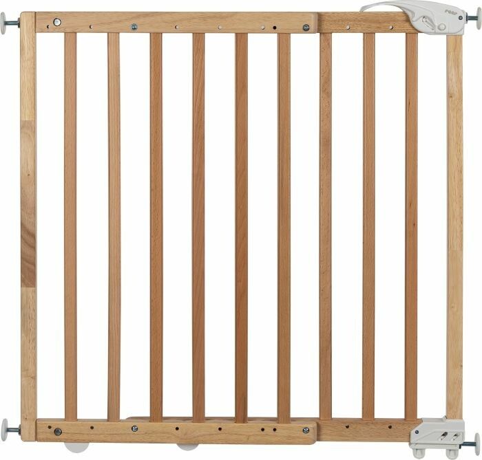 Holz-Sicherheitsgitter mit vertikalen Sprossen und weißem Griff.