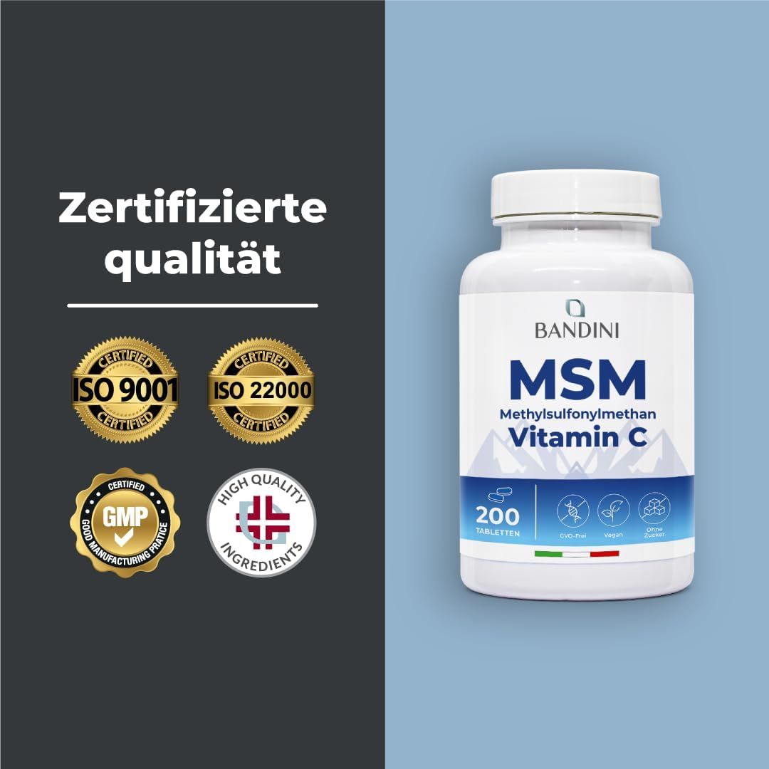 Weiße Tablettenflasche mit blauem Etikett. Aufschrift: Bandini MSM Vitamin C. 200 Tabletten. Zertifizierte Qualität. ISO 9001, 22000, GMP.