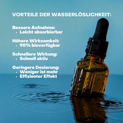 Sanagreen KurQ10 Flasche im Wasser. Braune Glasflasche mit Tropfer. Vorteile der Wasserlöslichkeit.