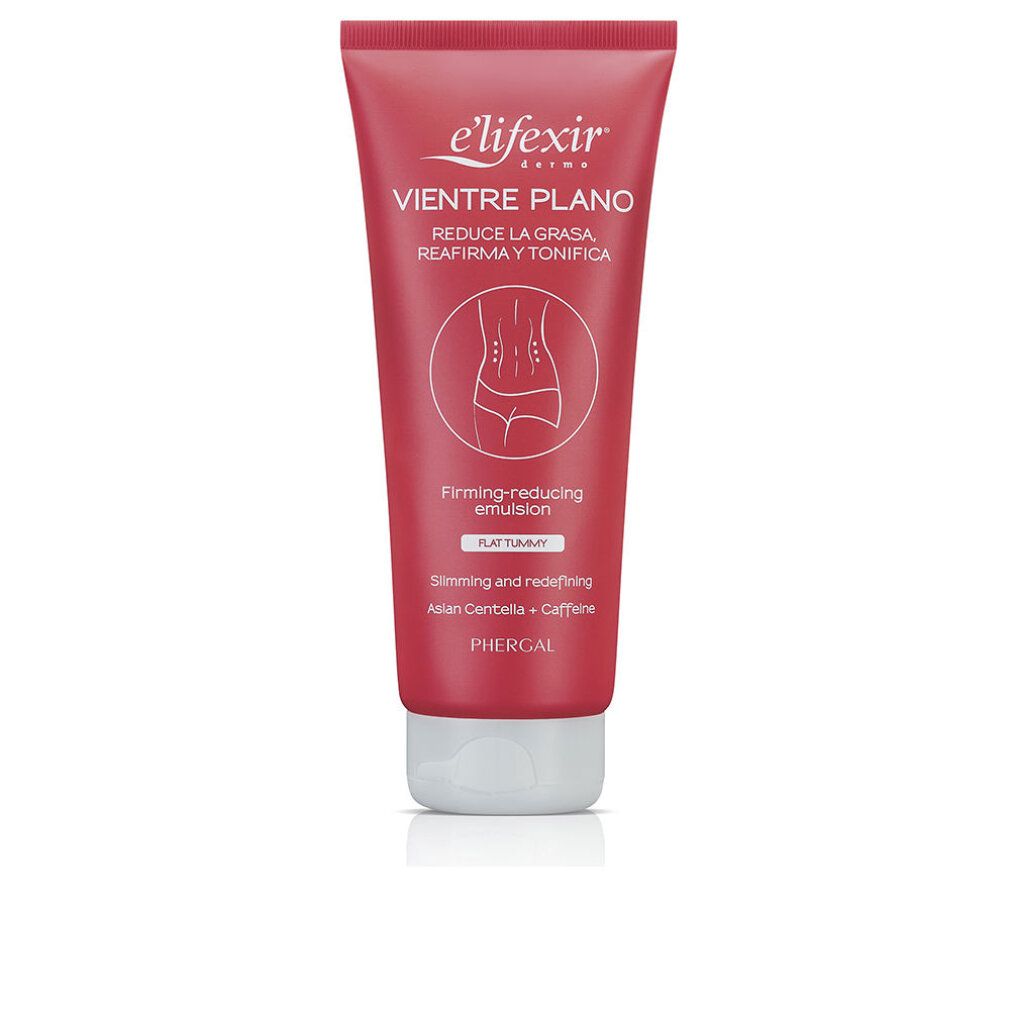 Rote Tube Elifexir Vientre Plano. Text: Reduziert Fett, strafft, tonisiert. Emulsion. Flacher Bauch.