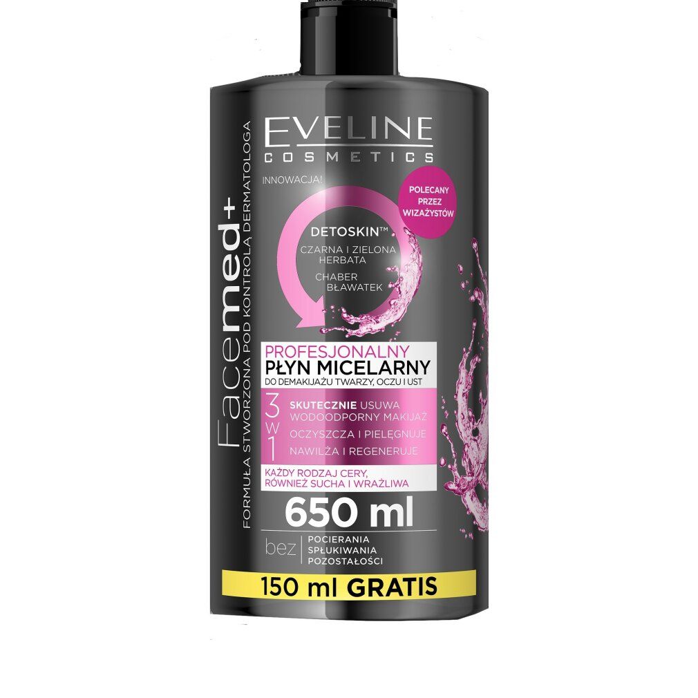 Schwarze Flasche mit schwarzem Deckel. Text: Eveline Cosmetics Facemed+ professionelles Mizellenwasser 3in1. 650 ml + 150 ml gratis.