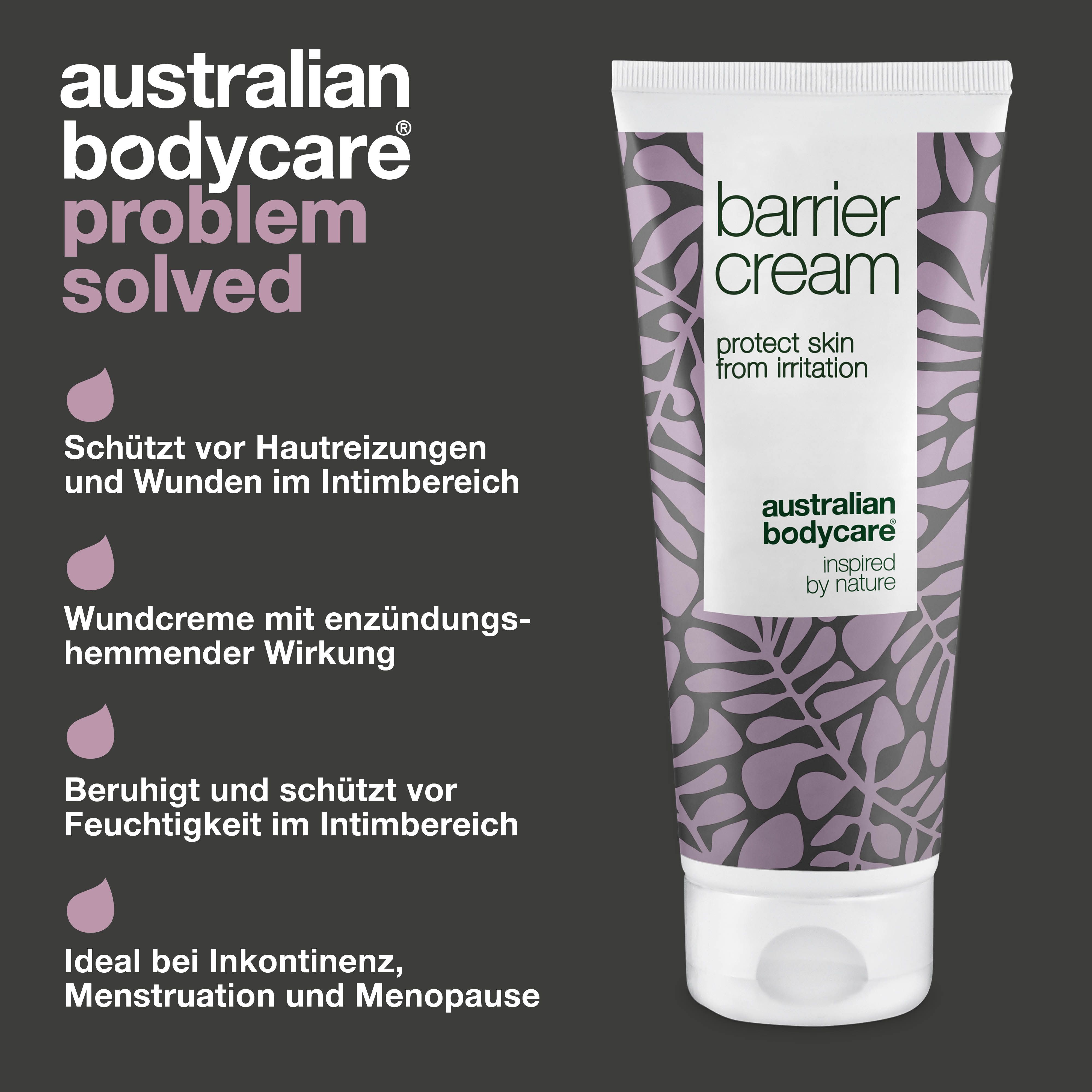 Grafik: Problem gelöst. Tube Barrier Cream. Aufschrift: protect skin from irritation. Marke: Australian Bodycare.
