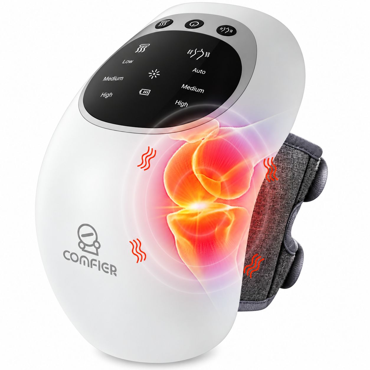 Massagegerät mit Display, Ladeanzeige, Stoffnetz, IR- & LSR-Licht, Vibrationspads, Gurtschnalle, Heizpads und USB-Ladeanschluss.