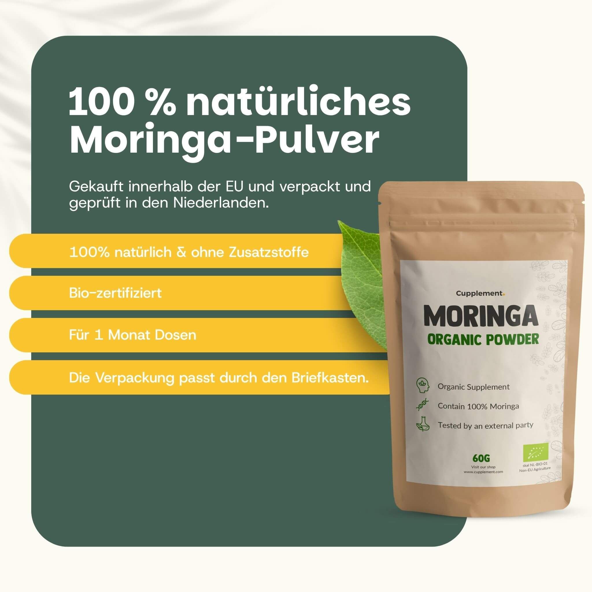 Brauner Beutel Cupplement Moringa BIO. Text: 100% natürliches Pulver, bio-zertifiziert, für 1 Monat. 60g.