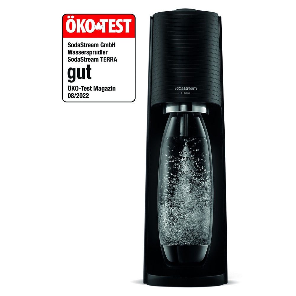 SodaStream Terra schwarz Wassersprudler mit Öko-Test Siegel 'gut'.