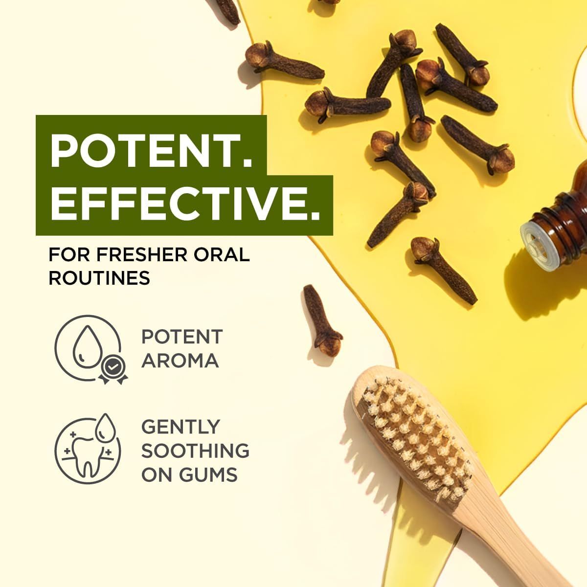Nelken und Nelkenölflasche auf gelbem Hintergrund. Text: Potent. Effective. Für frischere Mundpflege. Symbole: Potent Aroma, Gently Soothing on Gums.