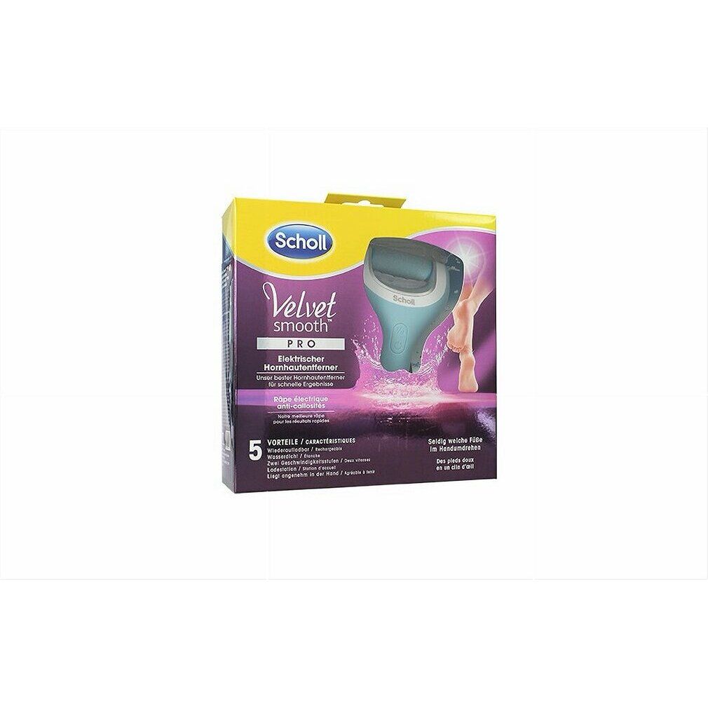 Verpackung des Hornhautentferners. Gelb-lila Karton, Produktabbildung, Text.