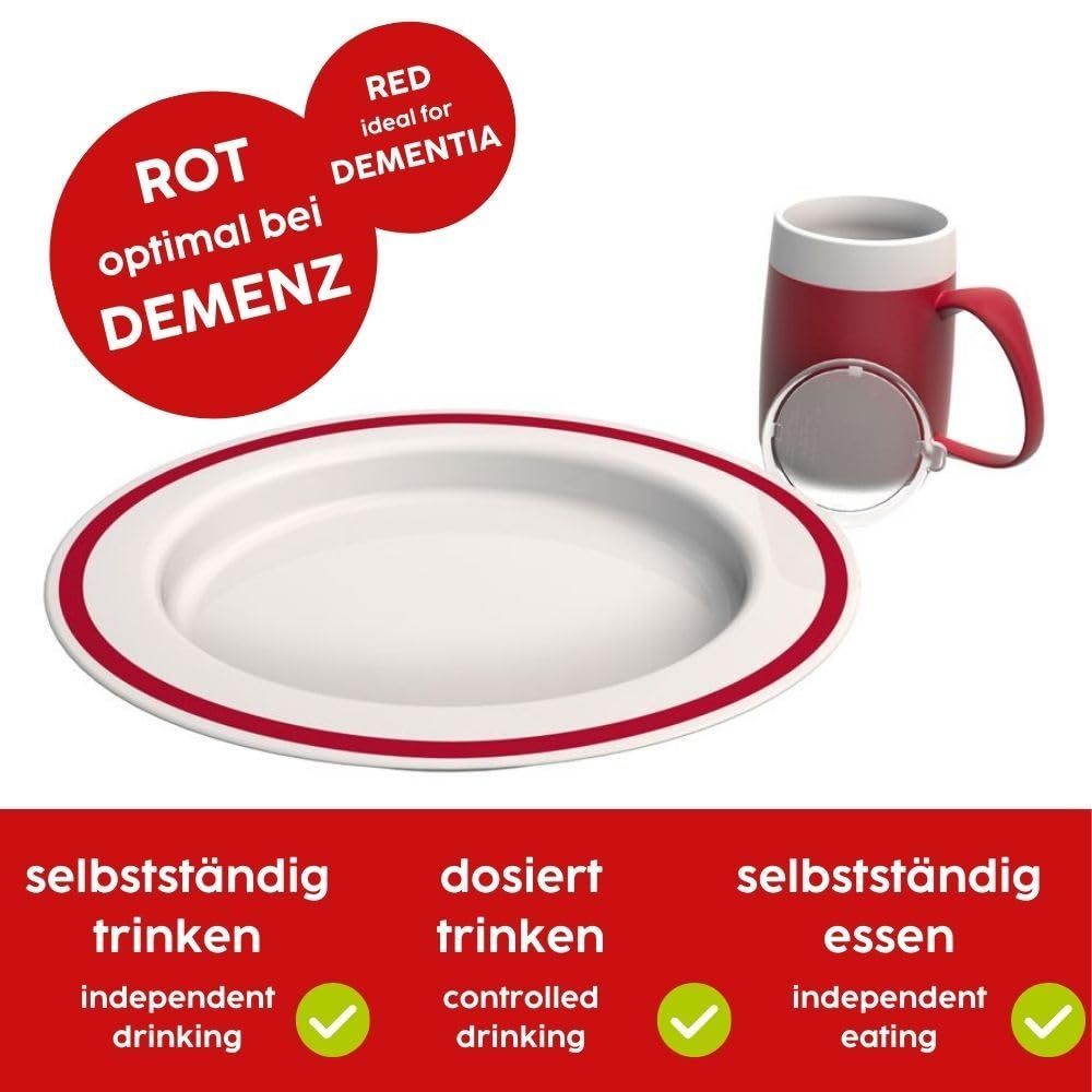 ORNAMIN Demenz-Set: Teller mit Kipp-Trick & Becher mit Trink-Trick mit unauffälligem Trinkaufsatz
