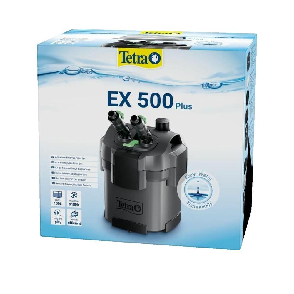 Verpackung des Tetra EX 500 Plus Außenfilters. Filter mit Zubehör auf der Verpackung abgebildet. Marke und Produktbezeichnung sichtbar.