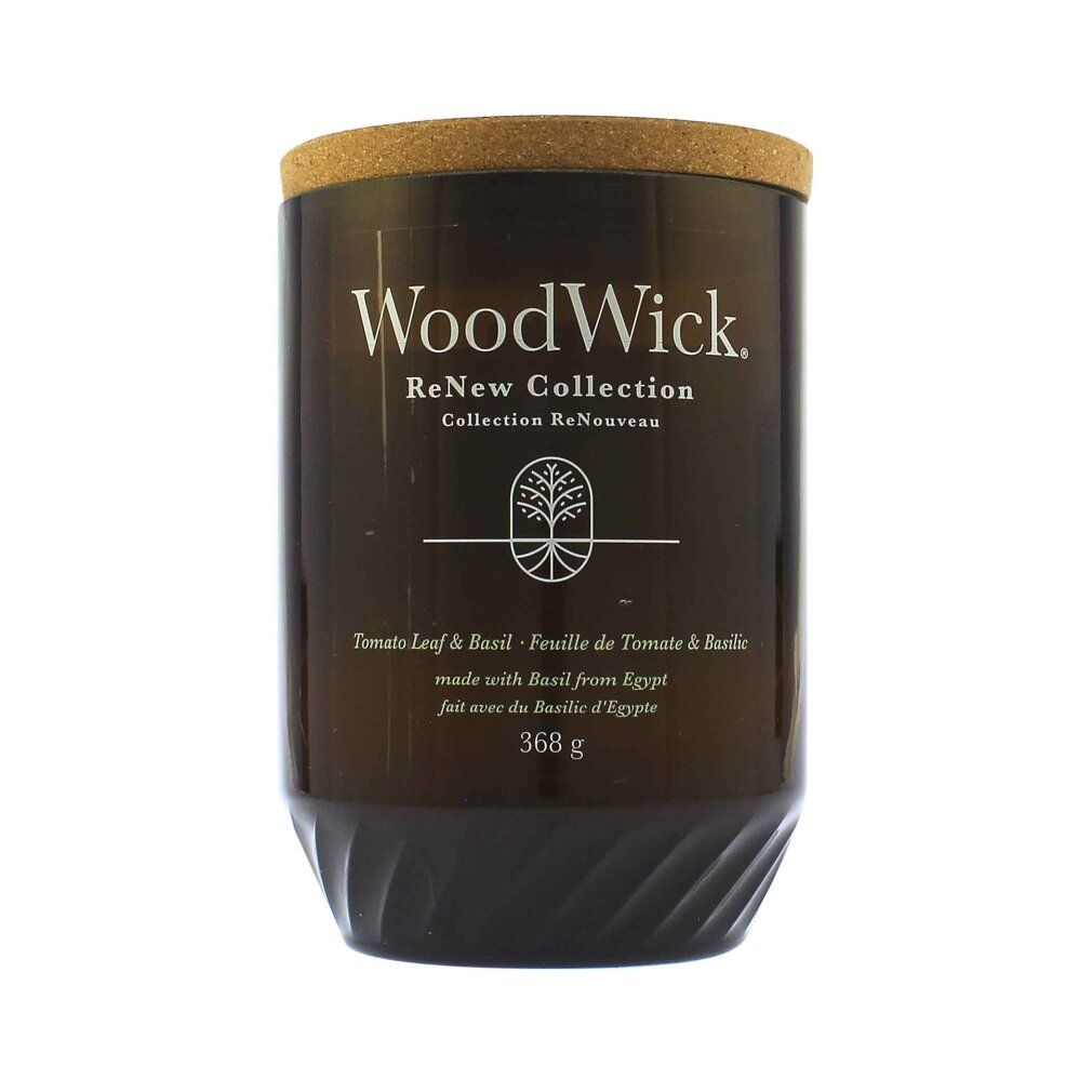 Braune Kerze mit Korkdeckel. Aufschrift: WoodWick, ReNew Collection, Tomato Leaf & Basil, 368 g.