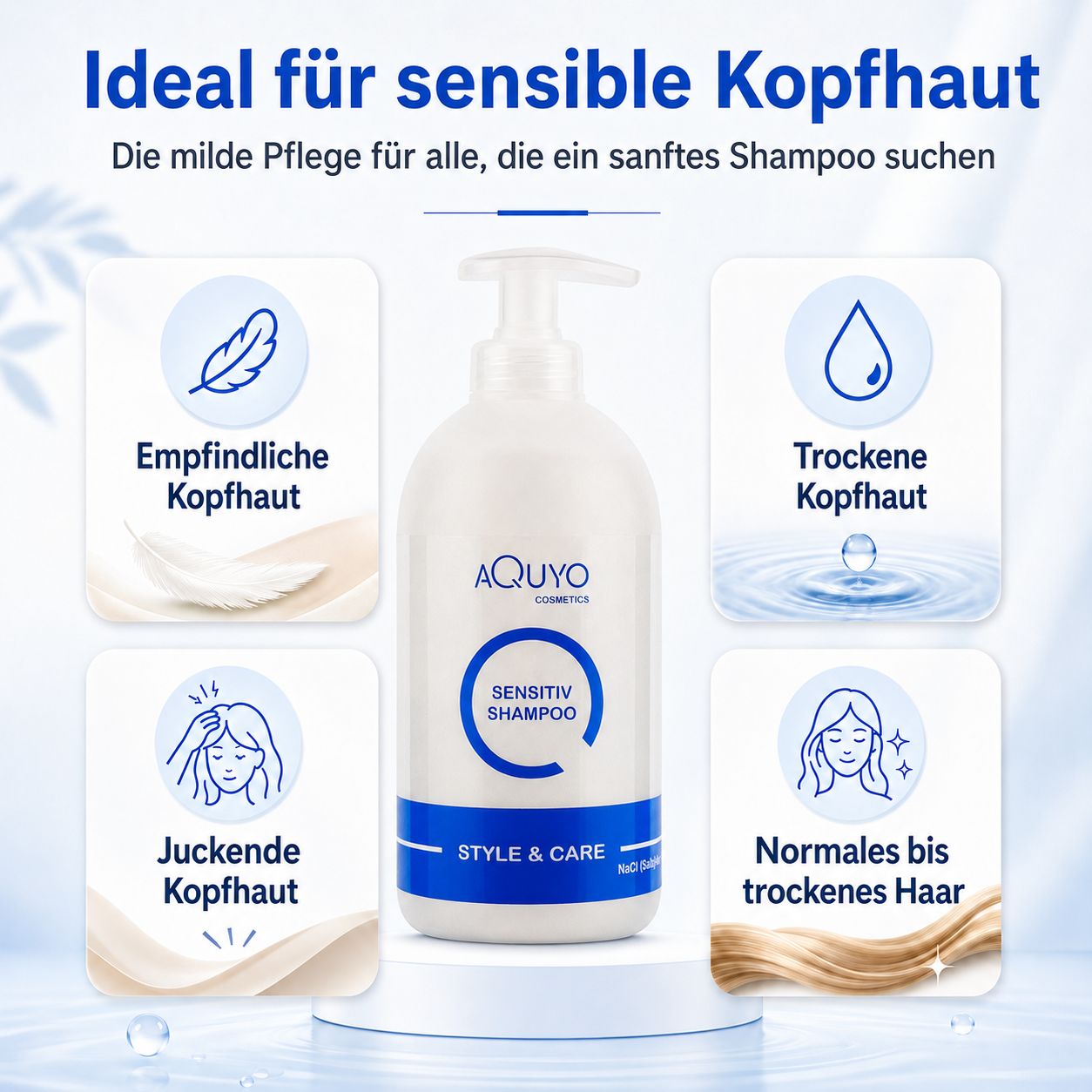 AQUYO SENSITIV SHAMPOO: Ideal für sensible Kopfhaut. Für empfindliche, trockene Kopfhaut und juckende Kopfhaut.