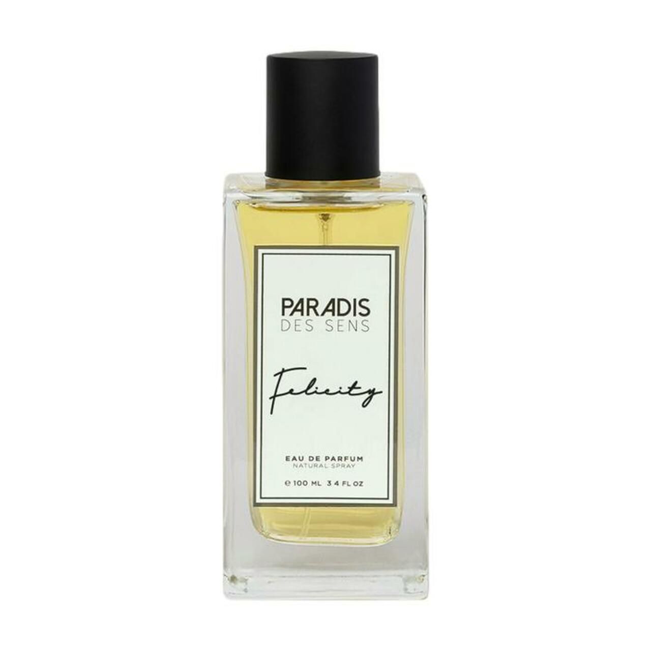 Rechteckige Glasflasche mit schwarzem Verschluss. Etikett mit Text: PARADIS DES SENS, Felicity, Eau de Parfum.