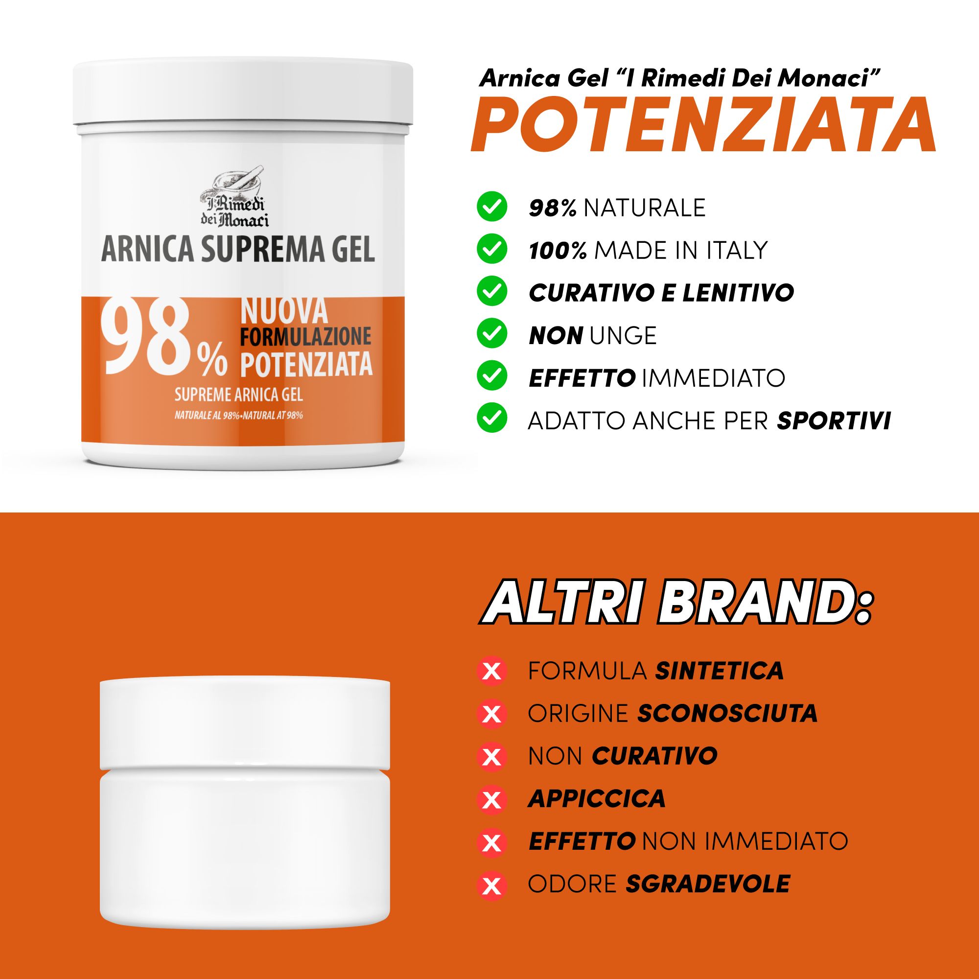 Produktglas mit Text: Arnika Suprema Gel 98%. Text: 98% natürlich, hergestellt in Italien, heilend, nicht fettend.