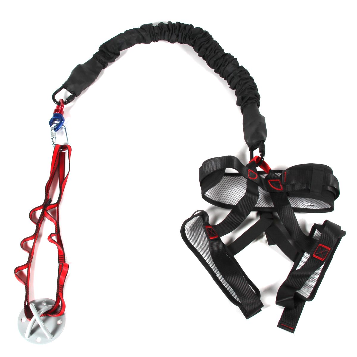 Schwarzer Nylon-Bungee-Fitness-Widerstandsgurt mit Hüftgurt, Beinriemen und Karabinerhaken. Roter Akzent.