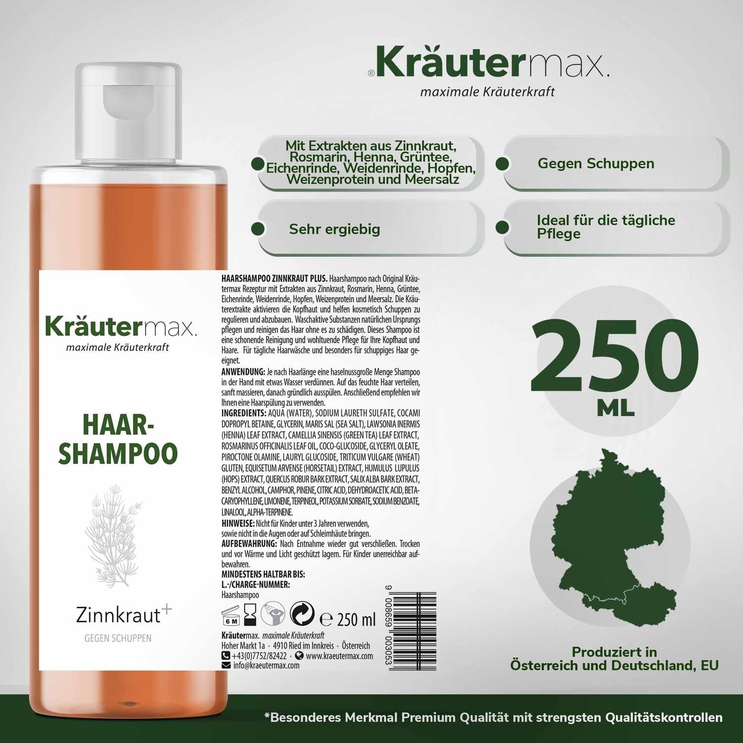 Kräutermax Haarshampoo Flasche. Text: Haar-Shampoo, Zinnkraut plus, 250 ml. Inhaltsstoffe, Anwendungshinweise. Gegen Schuppen, ideal für tägliche Pflege.