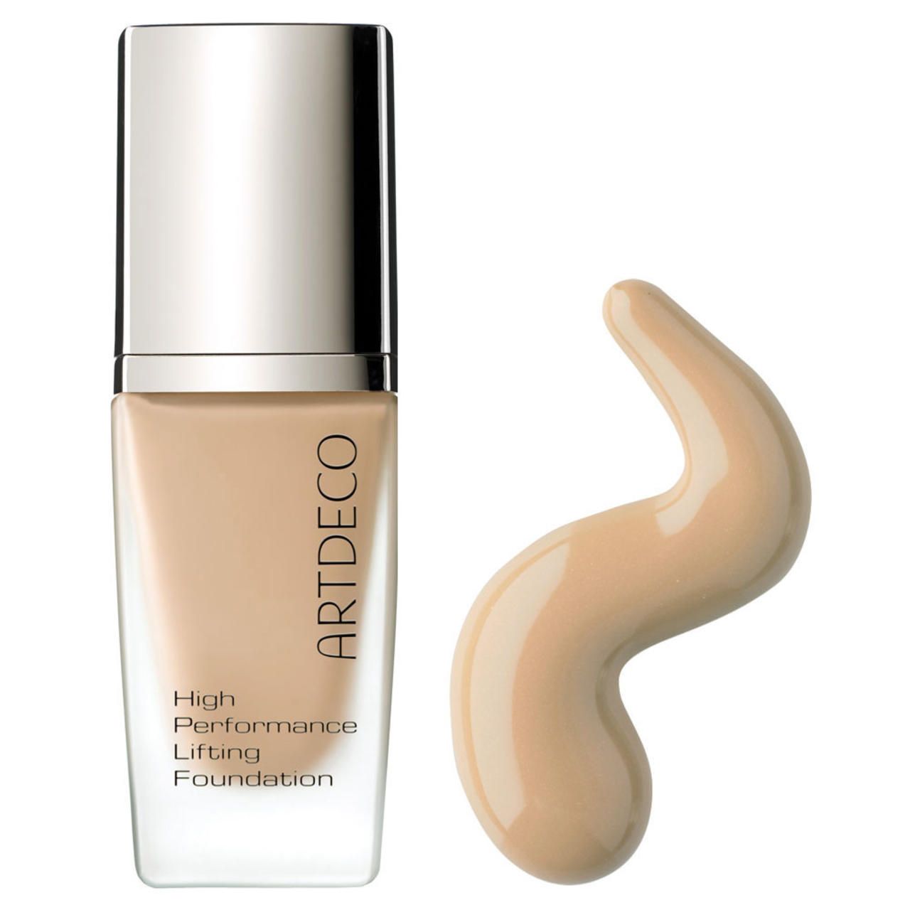 Beige Foundation-Flakon mit silbernem Deckel und Produkt-Swirl. Aufschrift: Artdeco, High Performance Lifting Foundation.