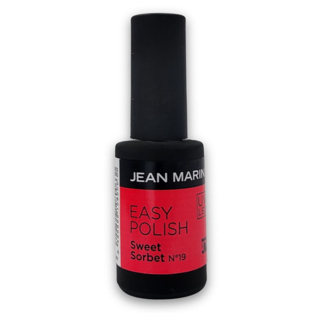 Nagellackflasche mit schwarzem Deckel. Roter Aufkleber mit weißer Schrift: EASY POLISH, Sweet Sorbet N°19. Marke: JEAN MARIN.