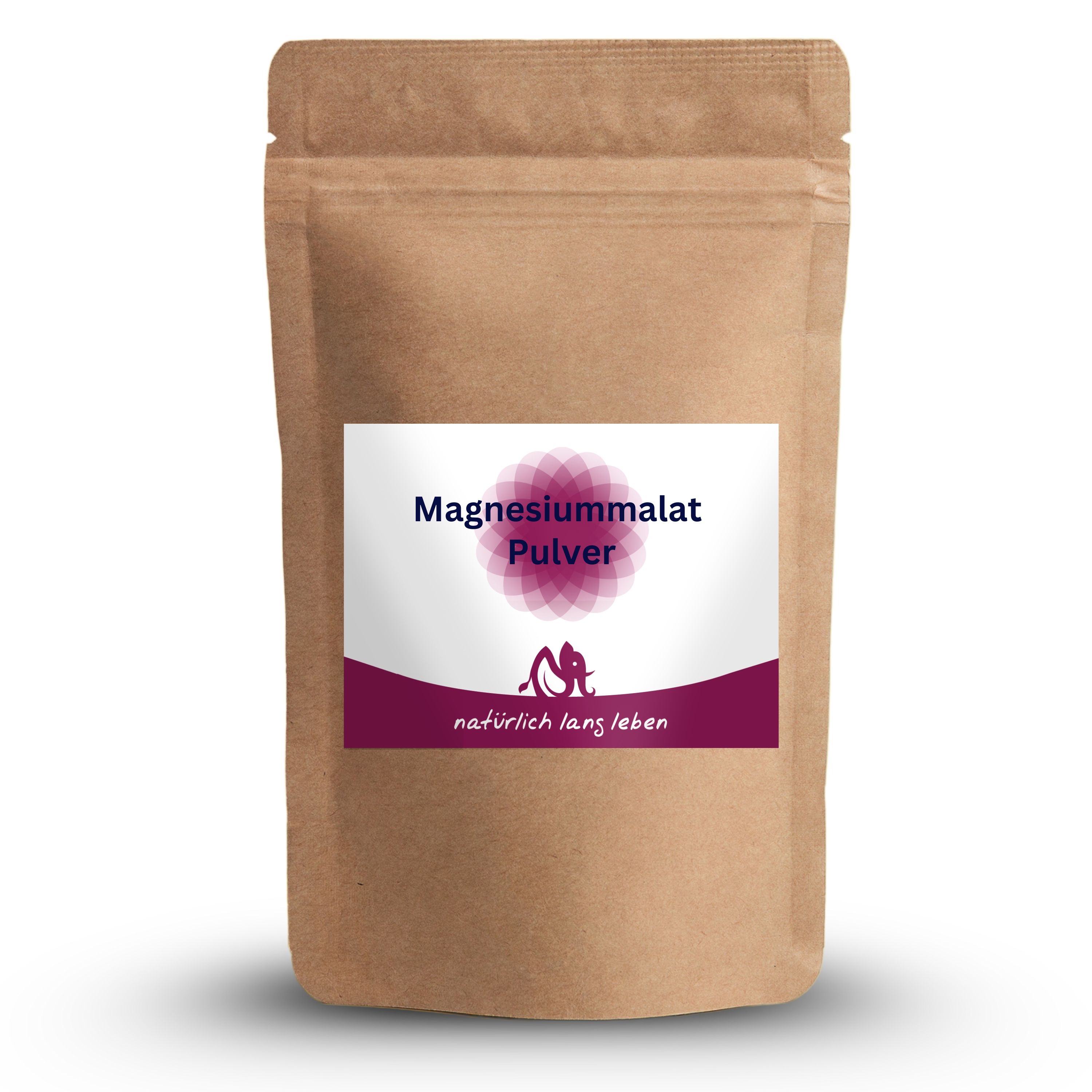 Braune Tüte mit Etikett. Etikett mit Text: Magnesiummalat Pulver, Logo und "natürlich lang leben".